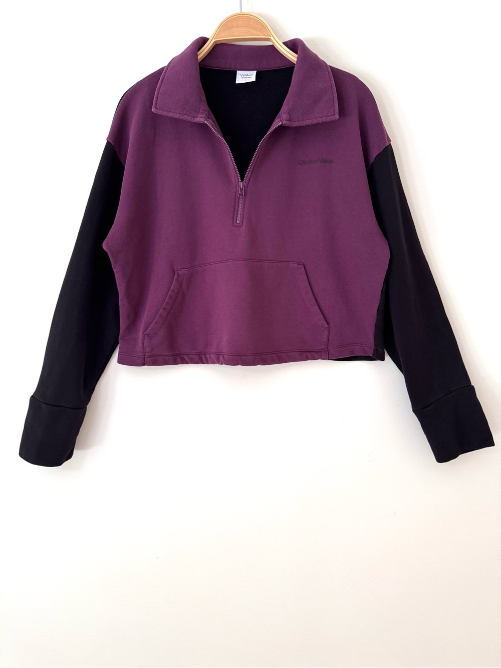 Outdoor Voices Pickup 1/4 Zip Sweatshirt Kalamata Purple Black Cropped, Size L